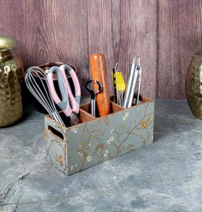 Modern <b>Floral</b> Design Enamel Printed Handmade Stackable Wooden 3 Compartment Kitchen Cutlery Holder Utensil Organizer <b>Box</b> Spoon - Product Image 1