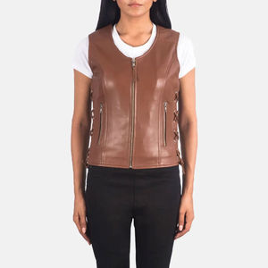 Vente en gros Nouveau gilet en cuir pour femme de marque personnalisée Veste en cuir sans manches en faux PU avec fermeture éclair Veste en cuir pour femmes avec ceinture - Product Image 4