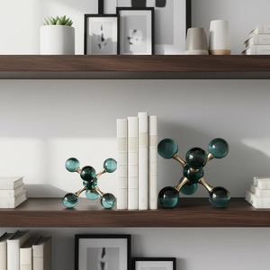 Juego de sujetalibros de lujo, esfera de vidrio verde azulado, aluminio, hecho a mano, moderno, estilo molecular, decoración para el hogar - Product Image 4