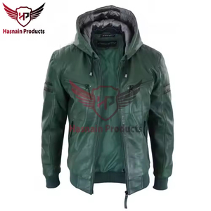 Blouson Homme en Cuir Véritable Vert avec Capuche, Rayures Noires Style Racing, en Cuir de Vachette, Bordure en Tricot Côtelé, Classique et Personnalisé, Chaud pour l'Hiver - Product Image 2