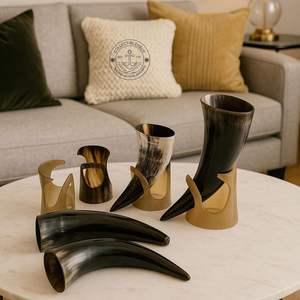 เขาควายขัดเงาทำมือสไตล์ไวกิ้ง พร้อมที่ใส่หนังแบบมีสไตล์ สำหรับพิธีแต่งงาน ราคาถูกจากอินเดีย - Product Image 5