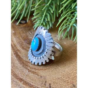 Phillip Tsosie Kingman <b>Boho</b> Style Statement <b>Ring</b> Bezel Set Turquoise Sterling <b>Silver</b> Marquise Cut Size 9.25 for Everyday Wear - Product Image 4