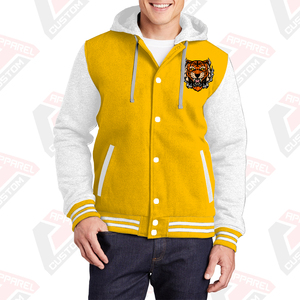Men's Stylish Warm Varsity Jacket with Hood 100% Cotton Fleece Embroidered Technics Digital Printed Plain Dyed for Winter - Product Image 4
