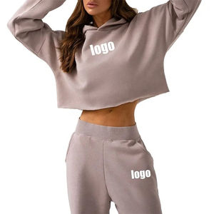 Tops cortos de cintura alta para mujer, sudaderas con capucha, pantalones de chándal con cordón de manga larga, ropa deportiva bonita, conjunto de 2 piezas de Punto ligero - Product Image 6