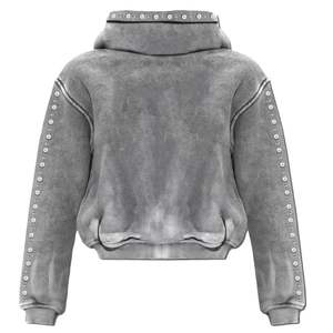 Sweats à capuche personnalisés en coton lourd pour hommes, imprimé lavé à l'acide en détresse, sweat à capuche surdimensionné avec fermeture éclair et coupe carrée Streetwear avec strass pour hommes - Product Image 2