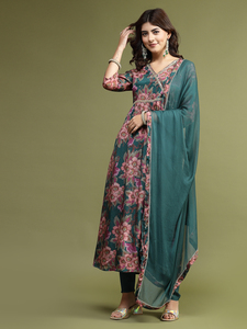 Angrakha con Estampado Floral, Mangas Tres Cuartos, Hecho a Mano, Algodón Puro, Cuello en V, Adorno de Espejos, Kurta de Verano con Pantalones y Dupatta - Product Image 5