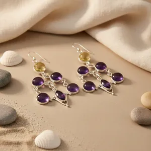 Bijoux en argent 925 pour femmes, élégantes boucles d'oreilles pendantes en améthyste, accessoire de mode - Product Image 2