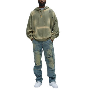 High Quality Drop Shoulder <b>Vintage</b> Oversized Boxy <b>French</b> Terry Hood Long Sleeve Green Distressed Spray Wash Man Hoodie - Product Image 4