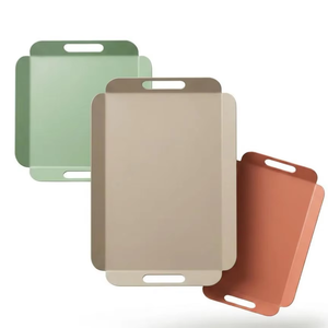 Juego de bandejas de presentación metálicas, colores suaves, bandeja de presentación moderna para té y café, juego de 3 piezas (crema-café-rosa) - Product Image 1