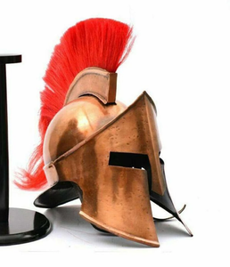 Casque Finition Cuivre Plume Support En Bois Gratuit pour cadeau de noël Grec Sparte Ancien Romain Corinthien Acier - Product Image 1
