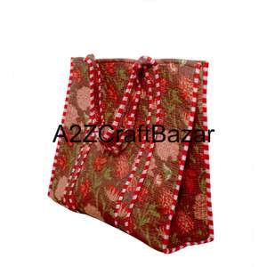 Sac fourre-tout en coton fait main indien pour femmes avec surpiqûres matelassées, tissu imprimé en blocs, grande capacité, sac à bandoulière - Product Image 5