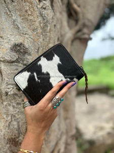 Mini embrayages en cuir de fourrure avec de vrais cheveux faits à la main de style occidental Pochettes continentales à fermeture éclair en cuir véritable Porte-cartes en cuir - Product Image 2