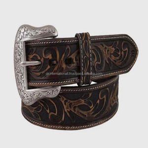 Ceinture en cuir véritable avec sangle florale usinée à la main ceinture d'outillage en cuir occidental effet antique poncé sur mesure pour hommes - Product Image 1