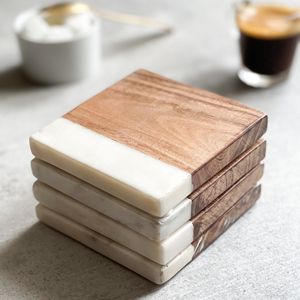 Set of 4 Elegant <b>Rustic</b> <b>Wood</b> Marble Coasters Unique Quality Classic Design Coffee <b>Table</b> Pads for Kitchen <b>Dining</b> & Home Decor - Product Image 5