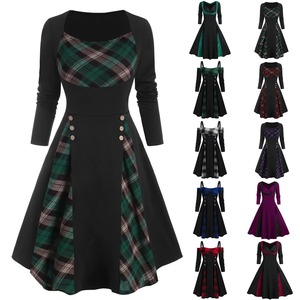 Women's Dress 2025 Dresses Vintage Round Neck Plaid Patchwork Mock Button Long Sleeve Dress <b>Cocktail</b> - Product Image 2