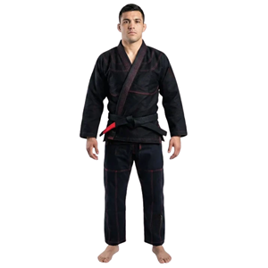 Kimono de judo unisexe noir avec surpiqûres rouges, coupe classique, uniforme d'arts martiaux pour adulte, pantalon 100% coton léger, Rohzen Sports - Product Image 1