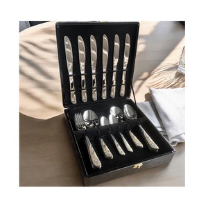 Ensemble de couverts en acier inoxydable en gros, 24 pièces, logo personnalisé, couverts vintage, vaisselle élégante avec manche en bois et étui cadeau - Product Image 2