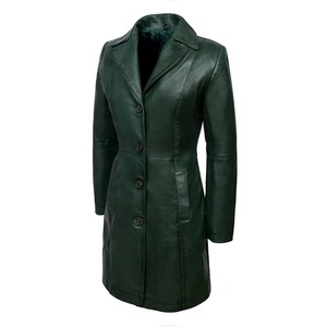 Manteau en cuir véritable vert pour femmes pour l'hiver et l'automne, manteau en cuir élégant - Product Image 1
