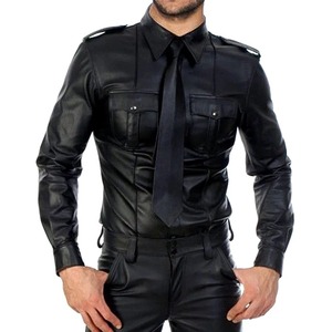 <b>Mens</b> Customizable PVC Casual Shirt <b>Long</b>-<b>Sleeved</b> Patent Leather Stand Collar Shiny Metallic Button <b>Tops</b> for Clubwear Factory-Made - Product Image 1