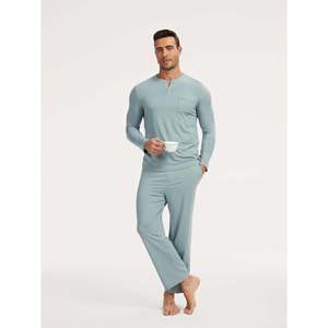 Premium <b>Men's</b> Bamboo Cotton V-Neck Long Sleeve <b>Pajama</b> <b>Set</b> Casual Style Soft Knitted Fabric - Product Image 6