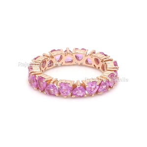 14K Solid Rose Gold Eternity Band <b>Ring</b> with Natural <b>Pink</b> Sapphire Gemstone <b>Heart</b> Cut 4 x 4 mm Stone Size for Wedding or Party - Product Image 2