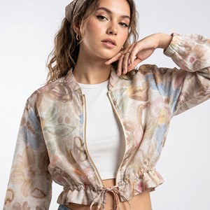 Giacca corta leggera con stampa floreale, coulisse in vita, cerniera e maniche a sbuffo; Taglia unica, adatta alle taglie 36–42 - Product Image 3