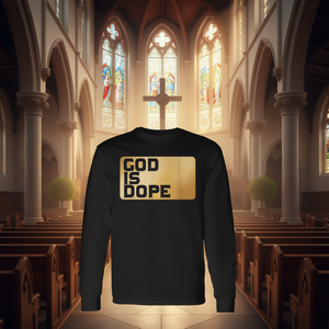 T-shirt a maniche lunghe God Is Dope, design per cristiani fedeli, stampa nera e oro - Product Image 3