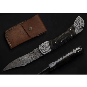 Custom Handmade Damascus Steel Pocket Knife With Pukka Wood Handle and Fine <b>Leather</b> Sheath Camping Knife Fishing Knife - Product Image 1