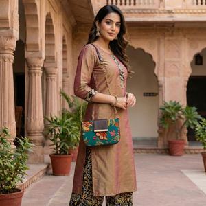 Teal Floral Print <b>Mini</b> Crossbody <b>Bag</b> Cotton Polyester Flap Gold Chain Strap Soft Durable Vintage Women Shoulder Purse Export - Product Image 2