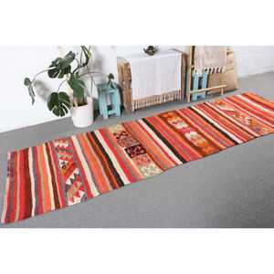 2.9x10.2 ft Turkish Rug, Vintage <b>Runner</b> Rug, <b>Red</b> Orange Animal Print Wool Rug - Product Image 4