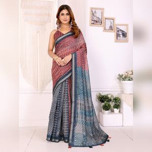 Traje Tradicional Geométrico de Chanderi para Fiesta, el Más Vendido, Elegante, Indio, Listo para Usar con Blusa - Product Image 1