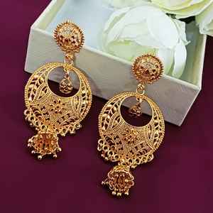 Joyería tradicional india Chandbali cuelga Jhumka Jhumki proveedor pendientes de boda chapados en oro conjunto de joyería india para mujer - Product Image 2