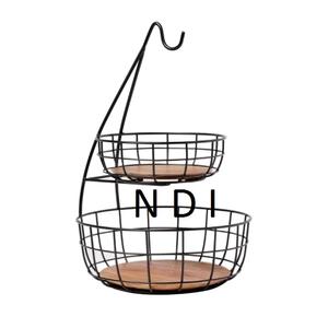 <b>Black</b> Powder Coated Shiny Finishing 2Tier Top Decorative Centerpieces <b>Wire</b> Metal Fruit <b>Basket</b> For Kitchen Catering Usage Counter - Product Image 1