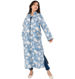 Chaqueta de invierno con estampado de bloques de mano acolchada de algodón Reversible hecha a mano de estilo indio para mujer - Product Image 2