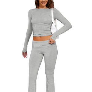 Recién llegado, chándal de gimnasio informal de Invierno para mujer, cultivo de manga larga, venta al por mayor, patrón sólido de algodón, un conjunto, corto tejido lavado - Product Image 1