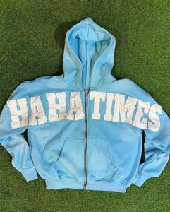 Sweat-shirts surdimensionnés 100% coton avec broderie de lettres graphiques personnalisées, effet délavé à l'acide, fermeture éclair, strass et appliques - Product Image 3