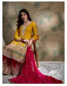Premium Heavy Silk Embroidery <b>Sequences</b> Indian & Pakistani Work <b>Top</b> and Bottom Set with 4 Side Lace Dupatta Elegant Clothing - Product Image 2