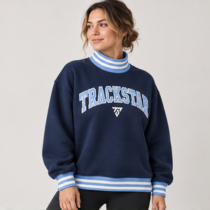 Women's Dark Blue Mock Neck <b>Sweatshirt</b> with <b>White</b> Striped Trim Varsity Letters Long Trackstar OEM Private Label - Product Image 2