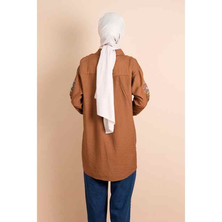 Sleeve Embroidered Patterned Shirt Oversize Shirt Brown