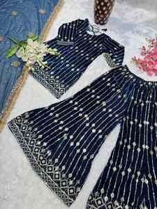 Ensemble Sharara de créateur vintage en dentelle avec dupatta, broderie et travail de sequins, prêt-à-porter, pour soirée, couleur bordeaux - Product Image 2