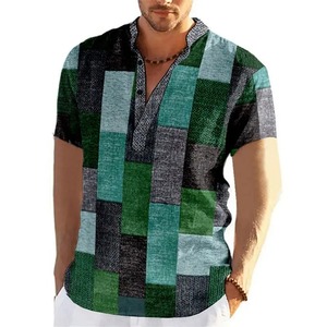 Camisetas de manga corta con cuello levantado para hombre, camisetas con estampado 3D de bloque de Color de retazos Vintage, camisetas para hombre, ropa para hombre - Product Image 1