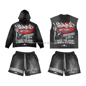 Logotipo personalizado Lavado ácido Jogger Flare Pantalones de chándal Cremallera Sudadera con capucha Hombres Lavado ácido Traje de sudor - Product Image 5