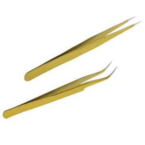 Juego de pinzas de extensión de pestañas de acero inoxidable con acabado dorado de alta calidad, pinzas de pestañas de etiqueta privada de Pakistán con punta de fibra - Product Image 1