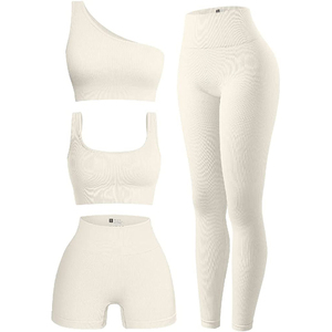 Ensemble de 4 pièces pour femmes, vêtements en gros, exercice côtelé, col rond, soutien-gorge de sport, haut à une épaule, taille haute, short, Leggings, ensemble actif - Product Image 1