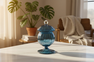 LW67 20cm Pot à bonbons en verre soufflé à la main bleu roi, style art populaire égyptien, souvenir décoratif, pot d'apothicaire côtelé avec couvercle, artisanal - Product Image 2