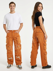 Pantalon cargo en jean unisexe taille haute pour femme, jambe large, multi-poches, streetwear, coupe ample, utilitaire, jean décontracté - Product Image 4