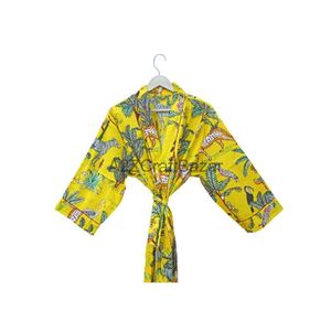 Peignoir Kimono Long en Coton Imprimé Floral Jungle Tigre Jaune, Fait Main, Taille Élastique, Pour Toutes Saisons - Product Image 2