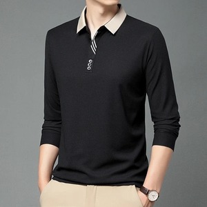 Polo de manga larga informal de negocios de algodón 100% para hombre, camiseta versátil cómoda transpirable de moda de Color sólido - Product Image 4