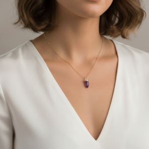 Collar de Plata de Ley con Colgante de Amatista en Forma de Bala Pequeña, Chapado en Oro, Cadena de Bolas, Moderno, para Compromiso o Boda - Product Image 4