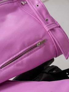PU Faux Leather Jacket Women Loose Sashes Casual Biker Jackets Outwear Female Tops BF Style Black Leather Jacket Coat Pink Color - Product Image 2